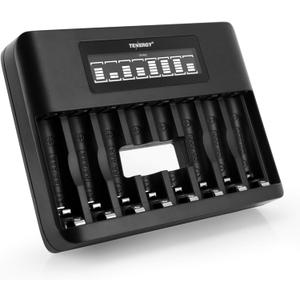Tenergy TN480U 8-Bay LCD Display Fast Charger for NiMH/NiCD AA AAA Rechargeable Batteries with Mirco USB and USB Type C Input for AA and AAA Rechargeable Batteries