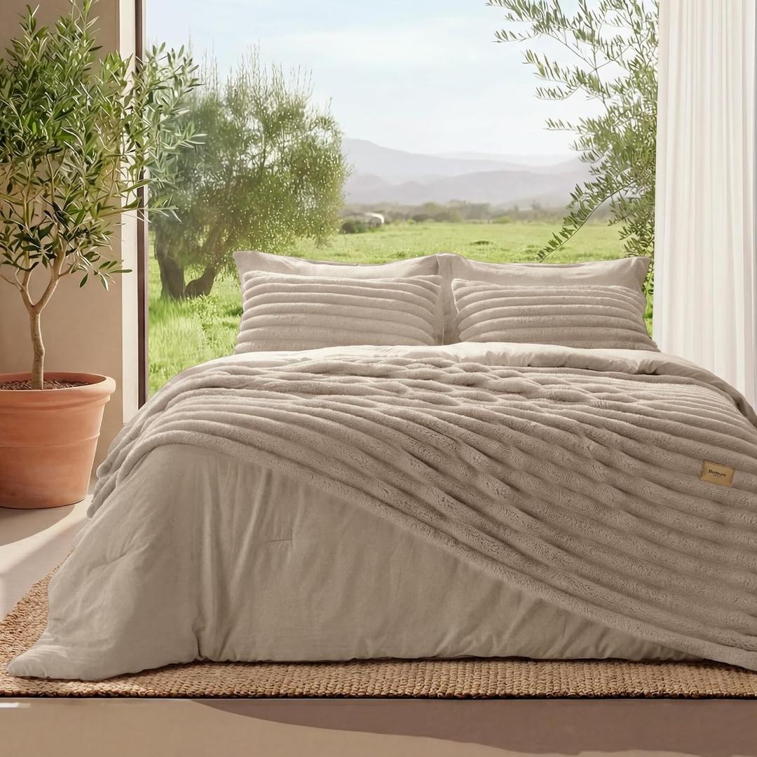 Bedsure Gentlesoft 2-in-1 Oversized King Comforter Set and Detachable Fluffy Blanket, Beige Bedding Set for All Season Use, Detachable Design for Space Saving (Includes 2 Pillow Shams, 2 Pillowcases)