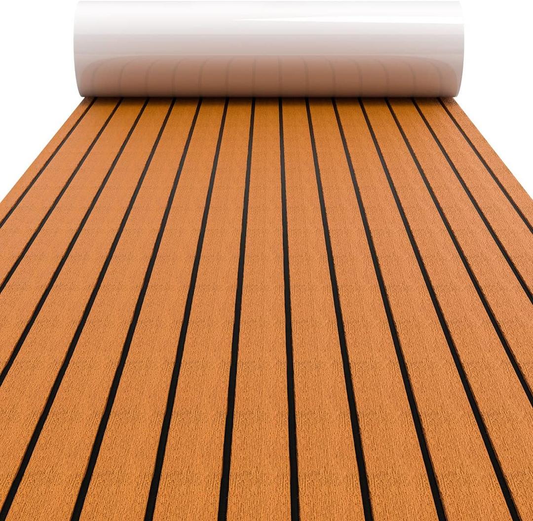 WOOWAVE EVA Foam Boat Flooring Decking Sheet Marine Mat Non-Slip and Self-Adhesive Flooring for Motorboat RV Yacht Kayak Swimming Pool Sea Deck Pad, 94.5x31.5 inch (Brown Strip)