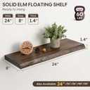 Floating Shelves Set of 2, Solid Elm Wood Wall Shelves 24 Inch - Invisible Bracket Mount for Living Room, Bedroom, Kitchen, Bathroom - Brown