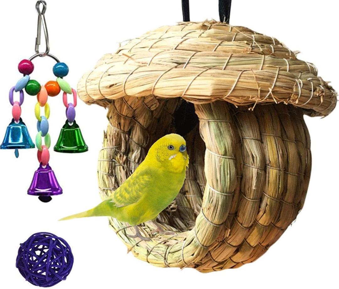 Hamiledyi Birds Nest Straw Birdhouse Natural Fiber Bird Nest Hut Cozy Resting Breeding Place with Birds Toy for Medium-Sized Parrots Conures Cockatiel,Large