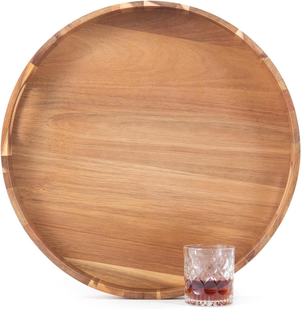 Large Ottoman Tray Round, 20" Extra Large Wooden Serving Tray with Handles, Acacia Wood Decorative Tray Wooden Trays for Living Room Ottoman, Food Serving, Breakfast, Dinner, Appetizers