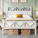 BedsPick Queen Bed Frame, Solid Wood Platform Bed Frame with Headboard and Footboard, Heavy-Duty Mattress Foundation/Wood Slats/Easy Assembly/No Box Spring Needed/Noise Free, White and Light Pink