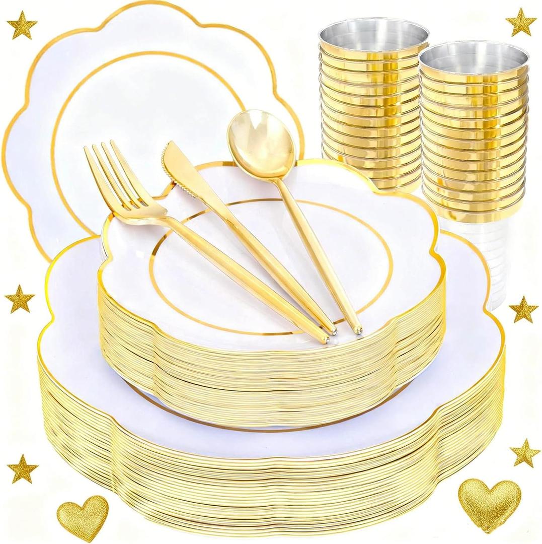 ejonirinjonir EI 180pcs White Plastic Plates with Gold Plastic Silverware,Heavy-Duty Disposable Plates for Party,White Dinnerware Set for 30 Guest Wedding,Afternoon Tea,Spring,Mother's/Valentine's Day
