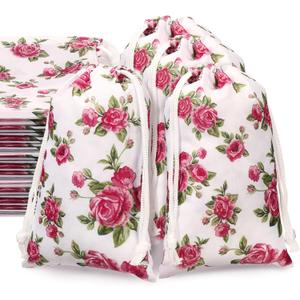 16 Pcs 8 Inches Rose Drawstring Bags Flower Gift Bags Reusable Presents Bag Vintage Floral Goodies Bag Jewelry Pouches Sacks for Wedding Birthday Mother's Day Valentine Bridal Shower Spring Decoration