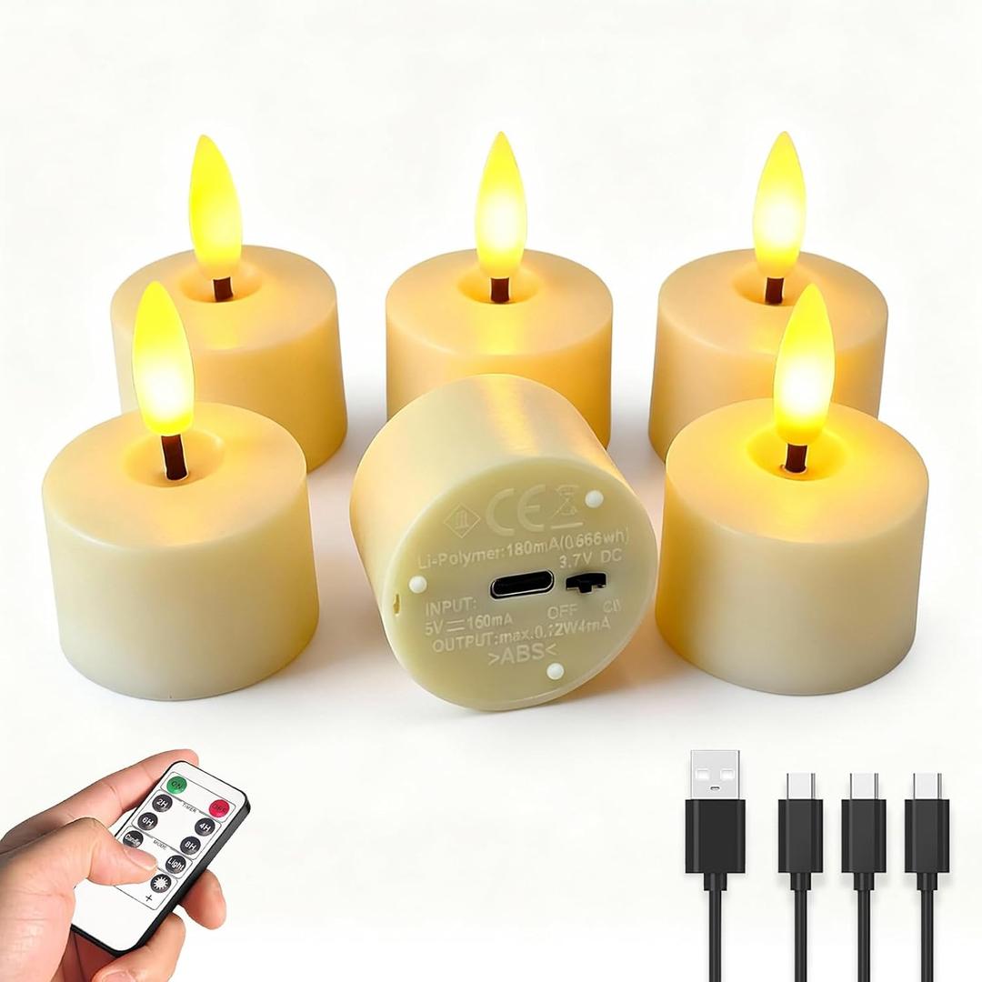 Rechargeable Tea Lights with Charging Cable and Remote Timer, 6 PCS Flameless LED Candles Battery Operated for Valentines Holidays Fall Wedding Table Centerpieces (1.5” x 2”)