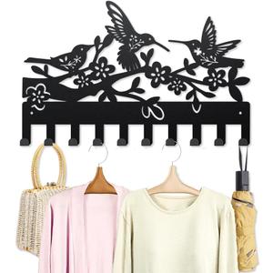 MAYJOYDIY Metal Hummingbird Flower Coat Rack Wall Mount Bird Tree Branch Coat Hooks 15.79.8inch 10 Hooks Nature Animal Key Holder for Wall Art Decor Gift Black Key Hooks for Coats Hats Towels Bags