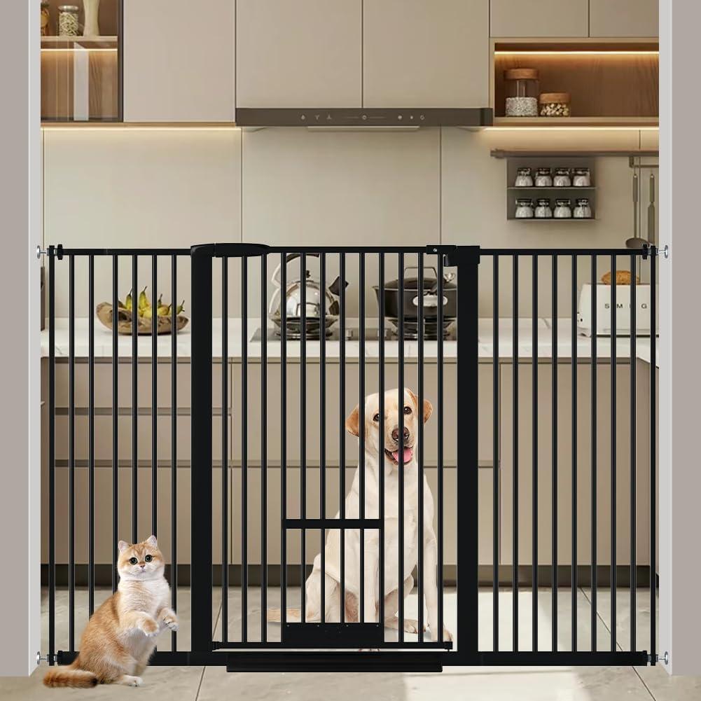 40.55" Tall 1.37" Ultra Narrow Spacing Dogs Pets Baby Gate with Door for Doorway Cat Safety Proof Indoor 30.12-61.61" Extra Wide Puppy Pressure Mounted Black Metal Hallway