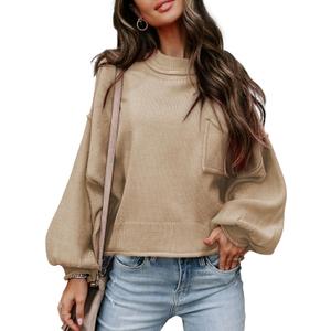 EVALESS Women's 2024 Lantern Long Sleeve Crewneck Sweater Casual Solid Color Ribbed Hem Knitwear Pullover Cropped Tops (Large, Apricot)