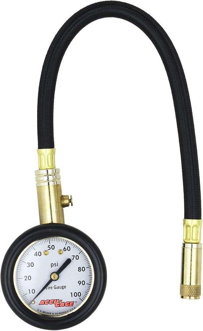 Accu-gage by Milton Dial Tire Pressure Gauge with Straight Air Chuck and 11 in. Braided Hose - ANSI Certified for Motorcycle/Car/Truck Tires (0-100 PSI)