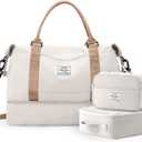 Travel Duffle Bag for Women,Weekender Overnight Bag with Shoe Compartment,Carry on Personal Item Travel Bag,3 Pcs Set,Beige & Brown