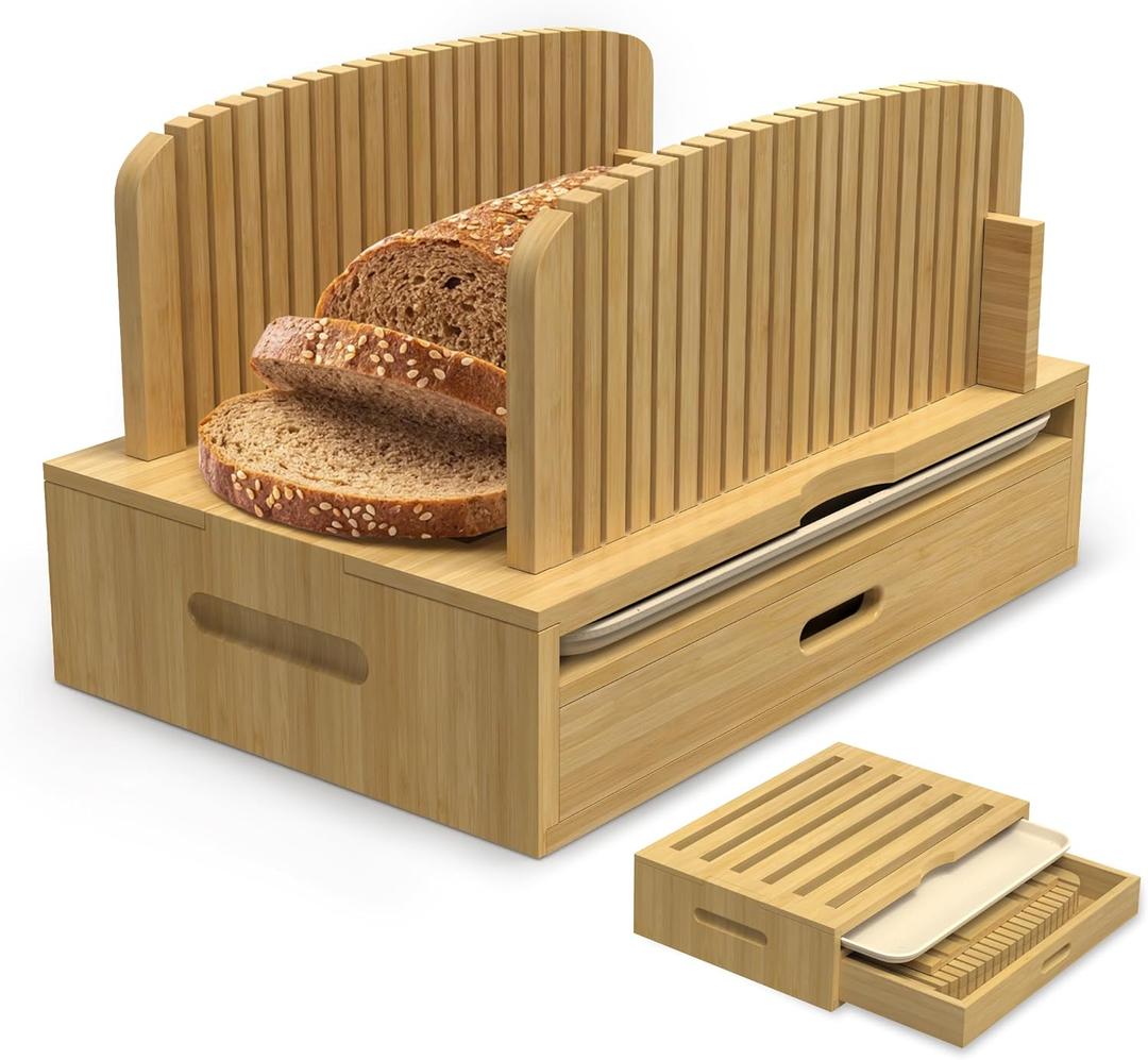 LOHASOK Bamboo Bread Slicer Guide: Bread Cutter for Homemade Bread Loaf - Adjustable and Foldable with Crumb Tray
