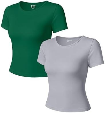 OQQ Women Short Sleeve 2 Piece T-Shirts Crew Neck Fitted Basic Tee 2025 Summer Crop Top Jungle Green Grey, M