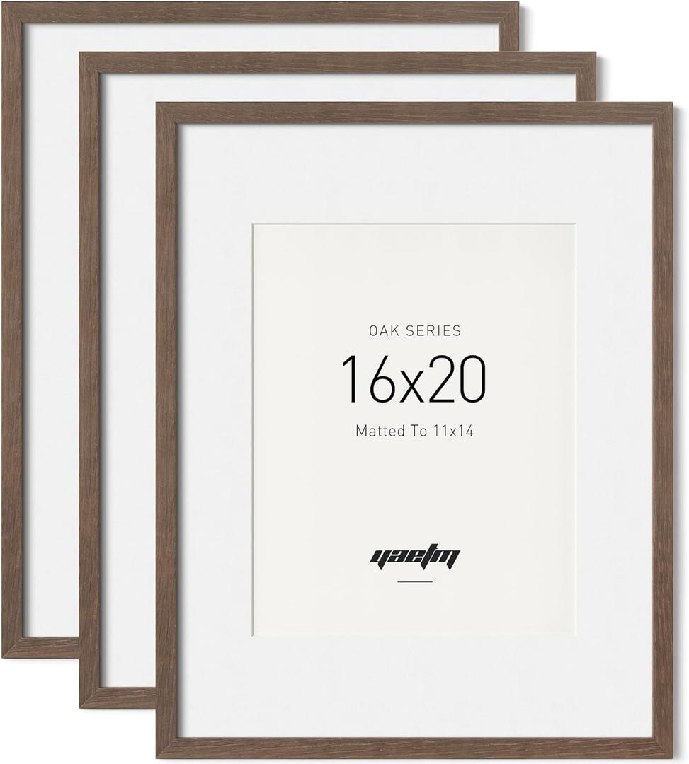 Yaetm 16x20 Picture Frame with Mat for 11x14 - Solid Walnut Wood 16 x 20 Frame for Poster & Art Print, Lightweight, Horizontal and Vertical Wall Hanging for Photo Gallery (Pack of 3, Walnut)