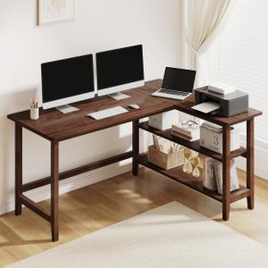 IOTXY 53" Reversible L-Shaped Office Desk with Storage Shelves, Walnut