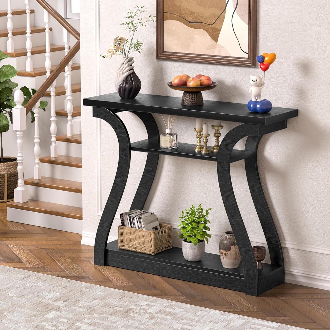 Wooden Console Table with Curved Legs and Shelf, 3-Tier Modern Accent Narrow Sofa Table for Entrance Area, Living Room, Hallway, 47 in Wide Wood Console Table for Entryway (Black)