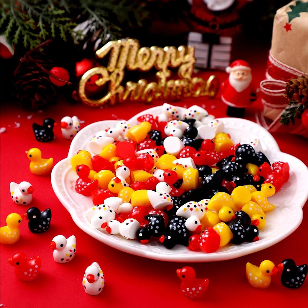 Leinuosen 100 Pcs Christmas Mini Resin Ducks Bulk Tiny Ducks Figurines Miniature Resin Animal Decoration for Potted Garden Dollhouse Cake Decoration DIY Craft Charms Xmas Halloween Party(Multicolor)