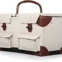 PICNIC TIME Pioneer Deluxe Picnic Basket, Romantic Vintage Wood-Framed Basket Covered in Canvas, Complete Deluxe Service for Two with Water-Resistant Bottom and Two Lids, (Beige Canvas)