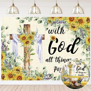 Spring Easter Backdrop Sunflower Jesus Cross Background with God All Things are Possible Banner Easter Christian Decorations for Home Office Photo Prop Booth (8x6FT)
