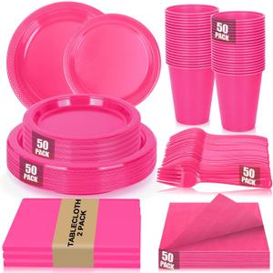 Hot Pink Plastic Plates for Party,50 Guest Disposable Plastic Plate Set 9" Plates,7" Dessert Plate,Napkins,Cups,Forks & Tablecloth for Girls Women,Summer Party,Birthday