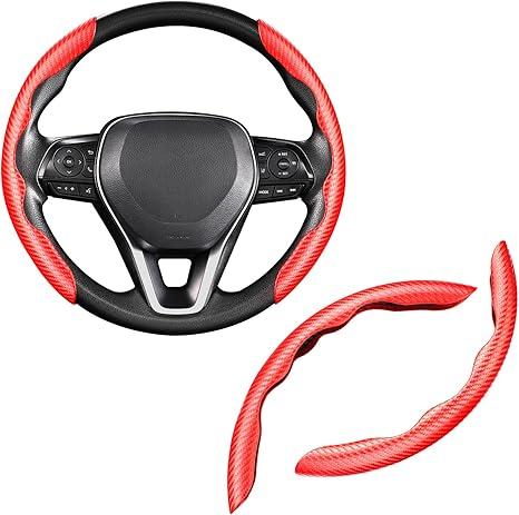Carbon Fiber Steering Wheel Cover 2pcs Anti-Slip Car Steering Wheel Accessories Snap on Grip 15 inch Universal Matte Black