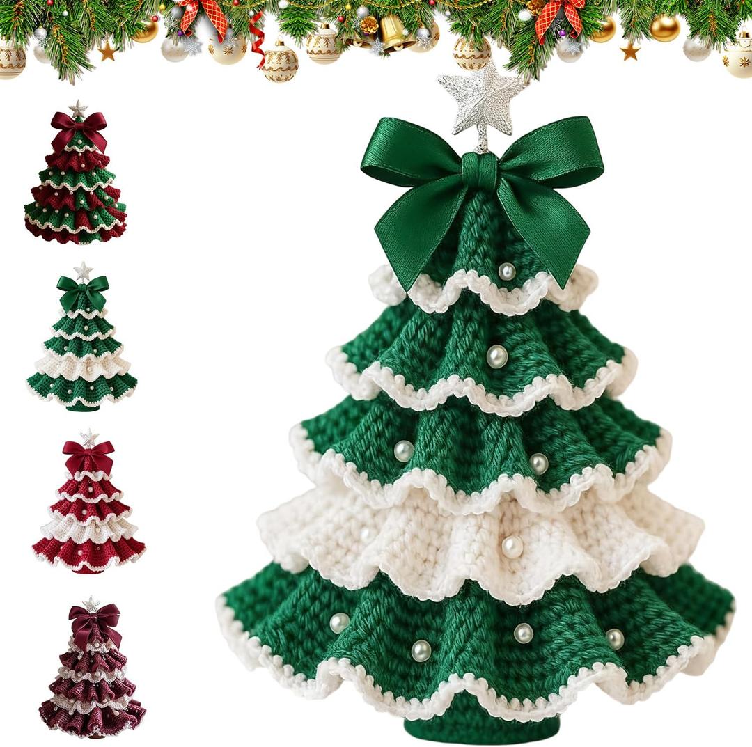 DIY Crochet Christmas Tree Kit - Handmade Holiday Crochet Christmas Decoration Set, Christmas Tree Bow Pearl Embellishment, Beginner Craft Crochet Kit (D)