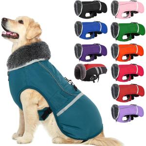 QBLEEV Warm Dog Coat Reflective Winter Jacket, Waterproof Windproof Dog Turtleneck Clothes for Cold Weather, Thicken Fleece Lining Pet Outfit, Adjustable Pet Vest Apparel for Small Medium Large Dogs (Aqua)