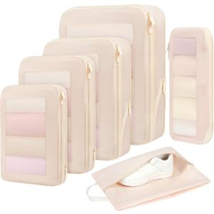 BAGAIL 4 Set Compression Packing Cubes Travel Accessories Expandable Packing Organizers (Square Mesh, 05-Cream)