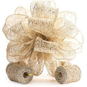 CT CRAFT LLC Champagne Gold Glitter Mesh Christmas Tree Topper Bow 11" with 4 Ribbon Streamers x 3 Yards Long Each for Holidy Elegant Fancy Home Dcor Indoor