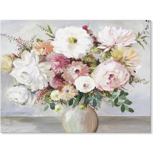 Goldfoilart Pink and White Floral Wall Art 32x24, Flower Vase Canvas Print, Blush Neutral Botanical Wall Decor for Living Room Bedroom Dining Room, Ready to Hang