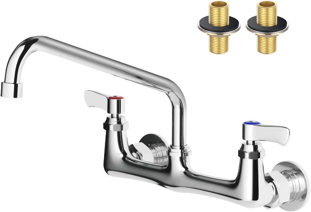 Wall Mount Kitchen Faucet, TOLSUNY Commercial Sink Faucet with 12-inch Swivel Spout, Brass Dual Handle Utility Laundry Faucet, Chrome Gooseneck Spout, for Laundry Room Restaurant Compartment Sink
