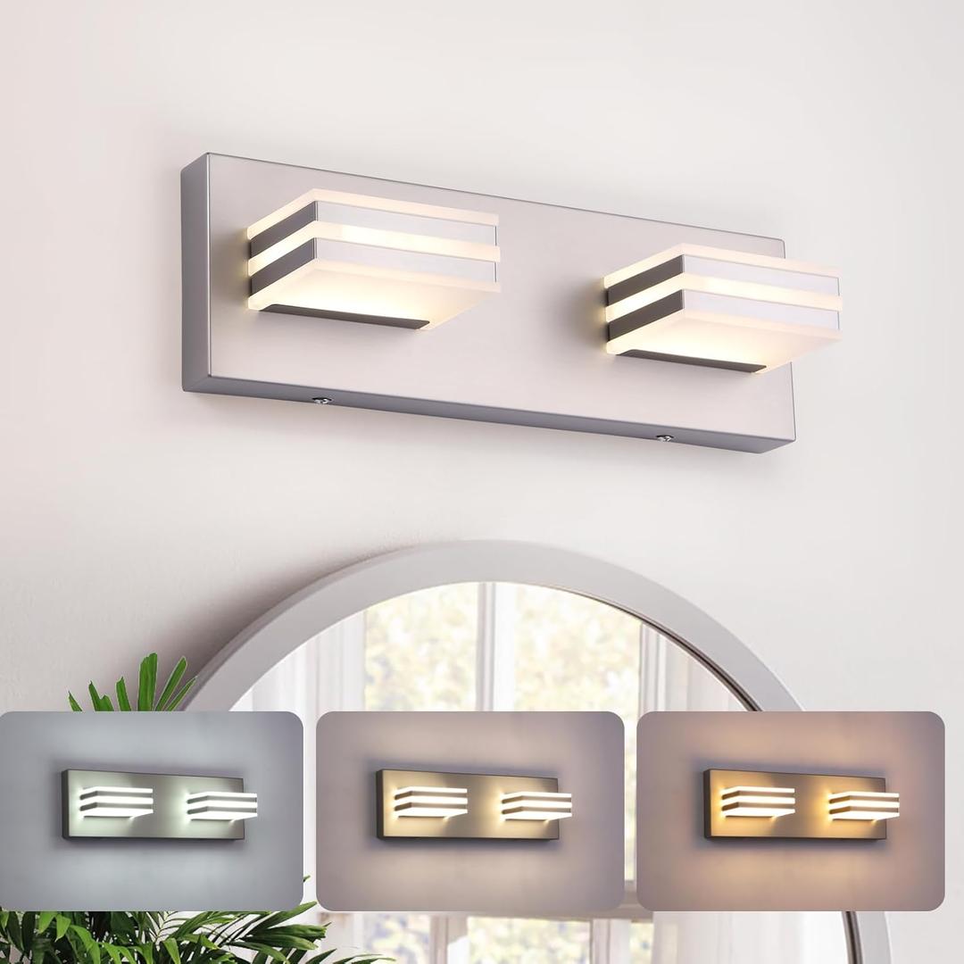 2-Light, 12.6-Inch Wall Lights Brushed Nickel Vanity Lights for Bathroom Light Fixtures Adjust 3 Colors Modern Bath Lighing Fixture Over Mirror