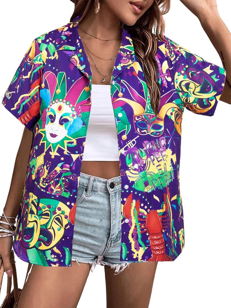 Mardi Gras T-Shirt Hawaii Shirts Women Street Carnival Themed Masks Graphic Tees Beach Vacation Short Sleeve Button Up Tops, S