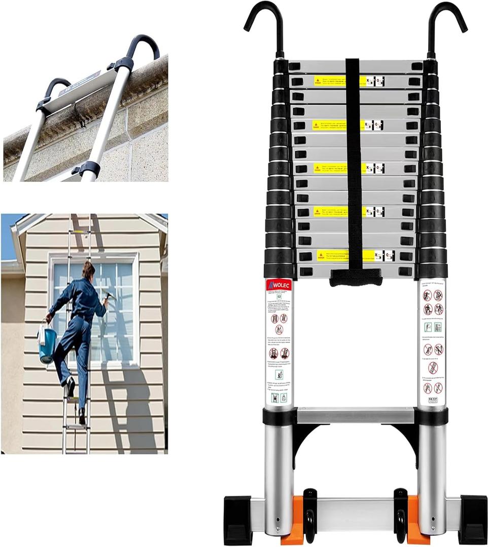 20.3 FT Aluminum Telescoping Ladder, 330 lbs Capacity, Auto-Lock, Hooks, Wheels & Stabilizer Bar, Portable & Collapsible for Home, Roof & RV Use, Silver