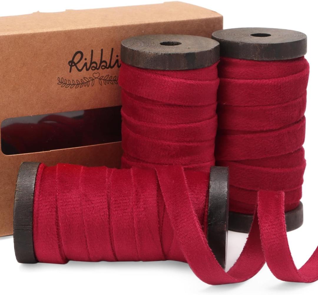 Ribbli Vintage Red Velvet Ribbon 3 Rolls Double Faced 3/8 Inch 18-Yard with Wooden Spool Use for Christmas Tree Ornaments Gift Wrapping Wreath Decoration Wedding Boutonnieres