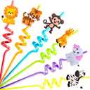 Fancy Land Safari Animal Straws Reusable Crazy Jungle Plastic Straws Bulk for Kids Woodland Birthday Party Favors 24 Pcs