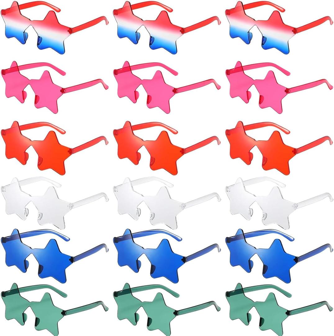 18 Pairs Star Shaped Rimless Sunglasses Bulk for 4th of July Star Glasses Frameless Colorful Patriotic Sunglasses for Beach,Pool,Outdoors Photo Booth Props,Independence Day,6 Colors