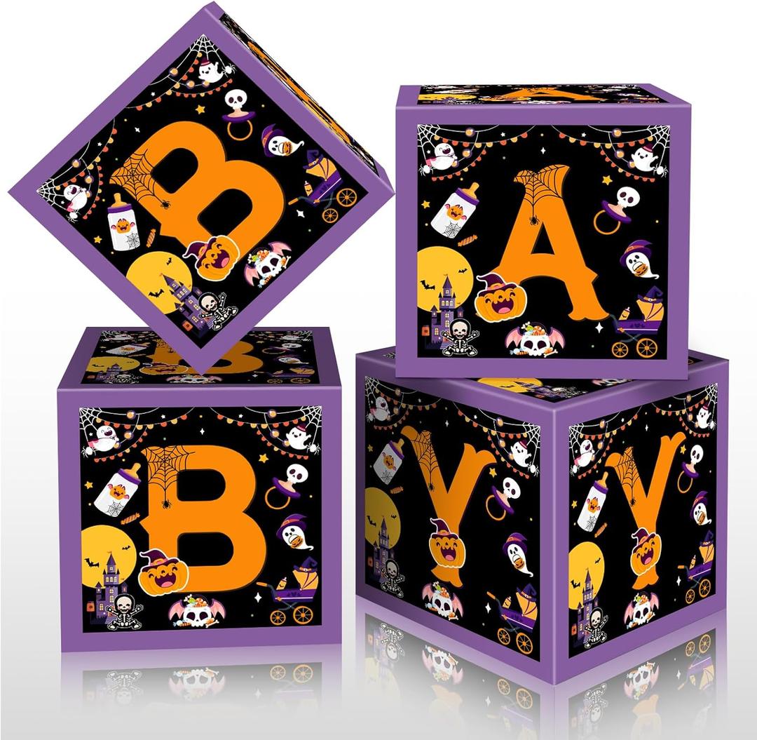 4 Pcs Halloween Baby Shower Boxes Decorations A Baby is Brewing Baby Shower Decorations 12 inch Balloon Boxes for Baby Happy Boo Day Birthday Party Supplies Photography Prop