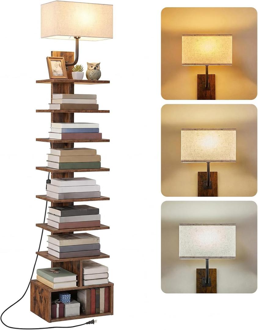 HOOBRO Narrow Bookshelf, 9-Tier Bookshelf with Light, Spine Book Shelf for Small Apartment, Tall Floor Standing Book Organizer, for Living Room, Office, Bedroom, Rustic Brown FG09DSJ01, 13.8"L x 9.4"W x 67.7"H
