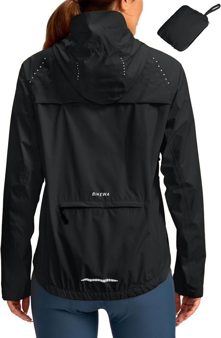 Bikewa Women's Cycling Rain Jackets Waterproof Windbreaker Lightweight Running Windproof Reflective Jacket Packable Hooded (Black, XXL)