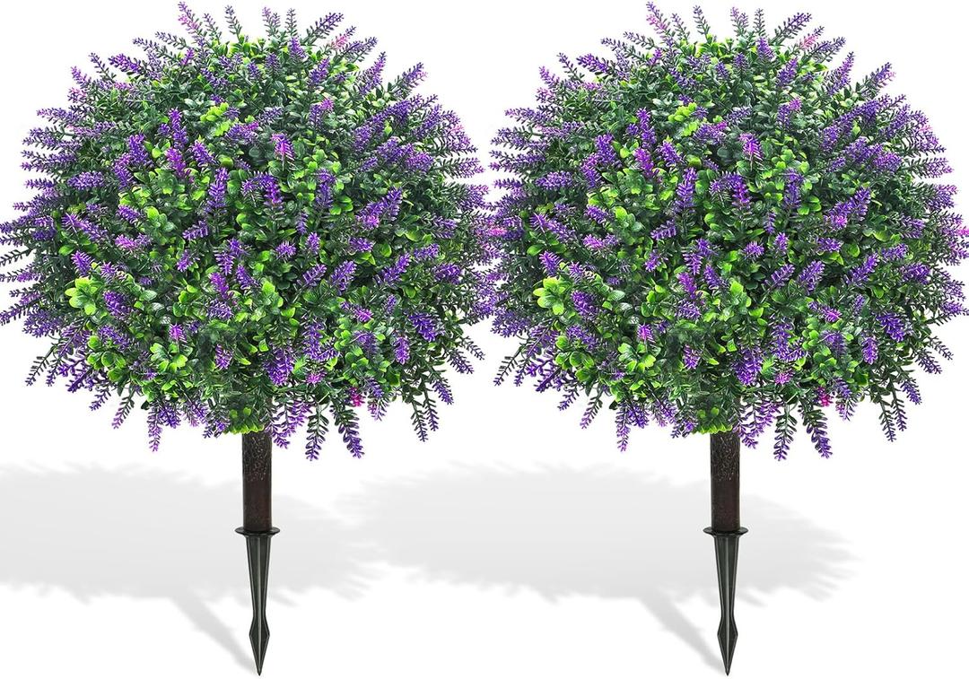 Artificial Lavender Topiary Ball Trees, 2 Set of 20 Artificial Shrub Bushes with Ground Spike,UV Resistant Faux Greenery Shrubs,Fake Evergreen Boxwood Plants for Garden, Yard, Porch, Patio Decor