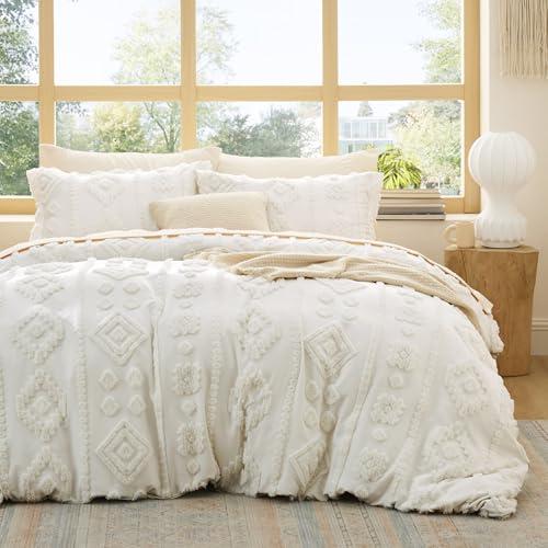 Bedsure Boho Duvet Cover Queen Size - White Tufted Boho Bedding, Farmhouse Shabby Chic Embroidery Bedding for All Seasons, 3 Pieces, 1 Soft Jacquard Queen Comforter Cover and 2 Pillow Shams, 90 x 90