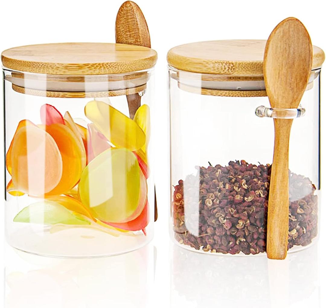 2 Pcs 18.5Oz,Glass Jar Containers with Bamboo Airtight Lid & Spoon,Stackable Glass Food Storage Canisters Set Kitchen Organization Jars for Candy Spice Sugar Coffee Nuts(2)