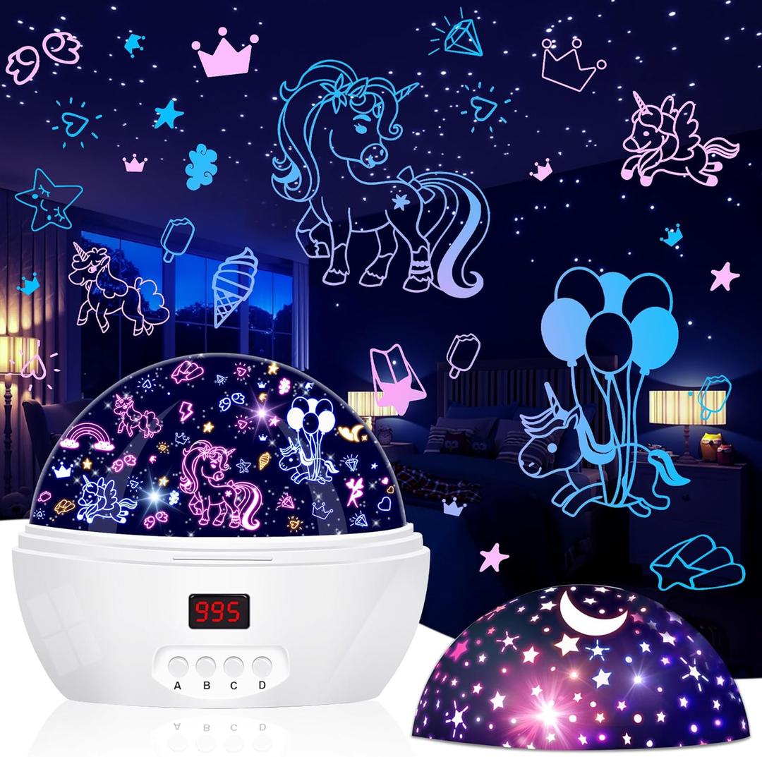 Unicorn Projector Night Light for Girls, Star Lights Projector for Ceiling Kids Bedroom Decor Gifts for 3-6 Year Old Girl Night Light Projector with Timer, Christmas Birthday Gift for Girls (White)