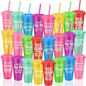 Kochorie 24 Pieces Thank You Cups 24 Oz Inspirational Plastic Tumbler Cup with Lids and Straws Reusable Appreciation Gift Bulk Thank You Gifts for Staff Coworker Teacher Employee, Rainbow