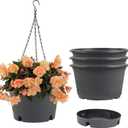 10 inch Hanging Planters, 4 Pack Hanging Baskets for Plants with Removable Trays & 15.7" Chain, Round Plastic Hanging Flower Pots for Home Garden Porch Balcony Patio Decor (Grey)
