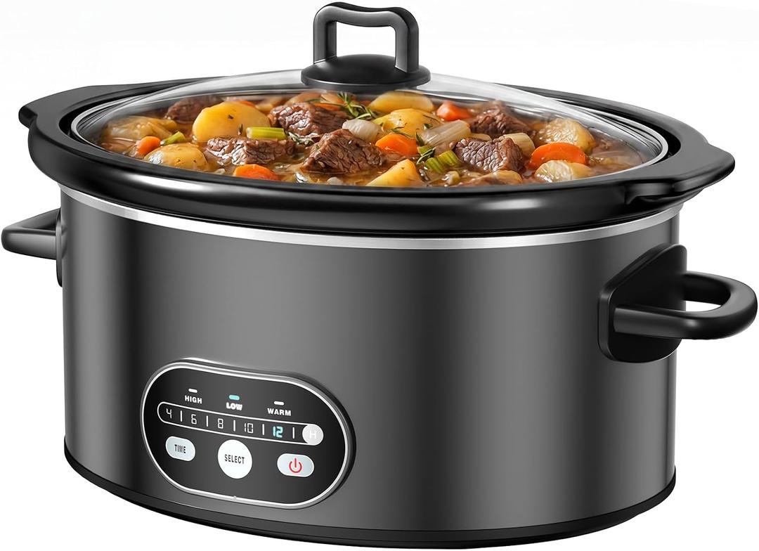 NEWBULIG Slow Cooker 8 Quart, Large Slow Cooker, Ceramic Nonstick Coating, 3 Adjustable Temp Multi Cookers with Dishwasher Safe Stoneware Pot & Tempered Glass Lid, 35in Tangle Free Cord Wrap, Black