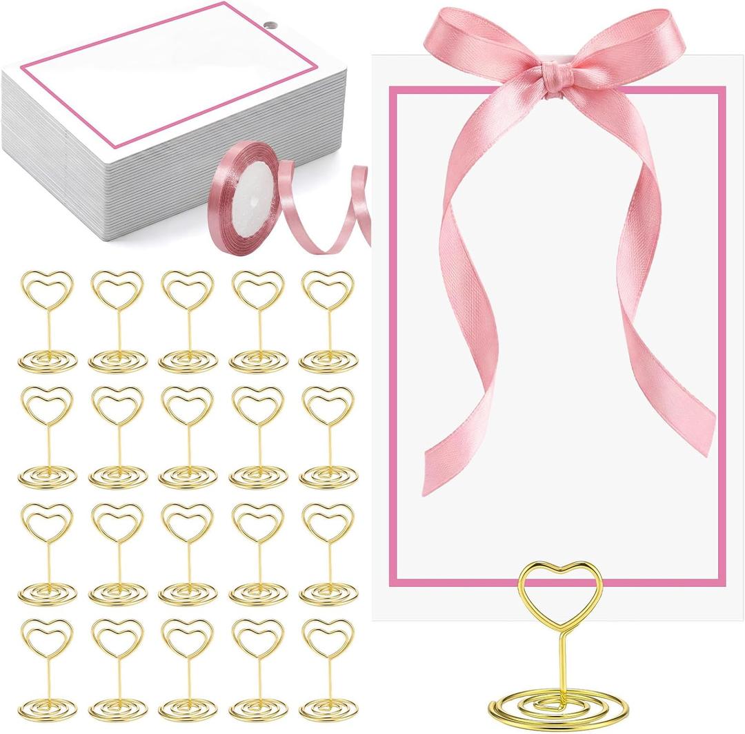 20 Pcs Table Number Holders Gold Place Card Holders with 25 Pcs Pink DIY Place Cards and Ribbon Heart Table Number Stand for Wedding Party Celebration Birthday Supplies