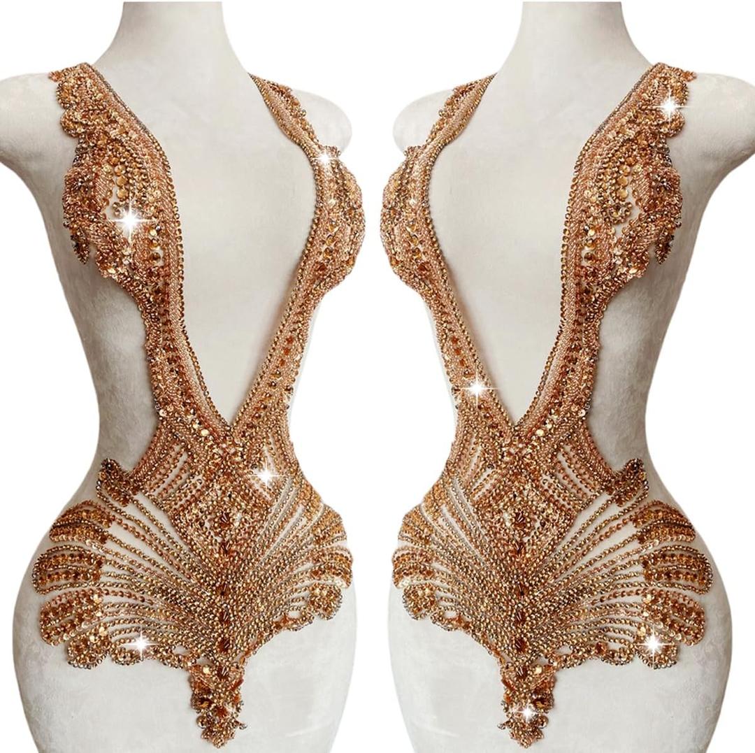 Bodice Rhinestones Appliques Patch for Dress,Hand-Made Beaded Appliques for Cloth or Bridal V Neck Large Pattern and can be Cut for Designs (Champagne)