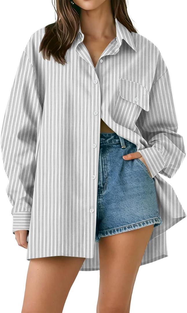 AKEWEI Button Down Shirts for Women Long Sleeve Collared Work Blouse Fashion Oversized Office Shirts with Pocket (Gray, L)